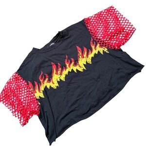 Goth Emo Womens Black Flame Graphic Crop Top T-Shirt Red Yellow Streetwear